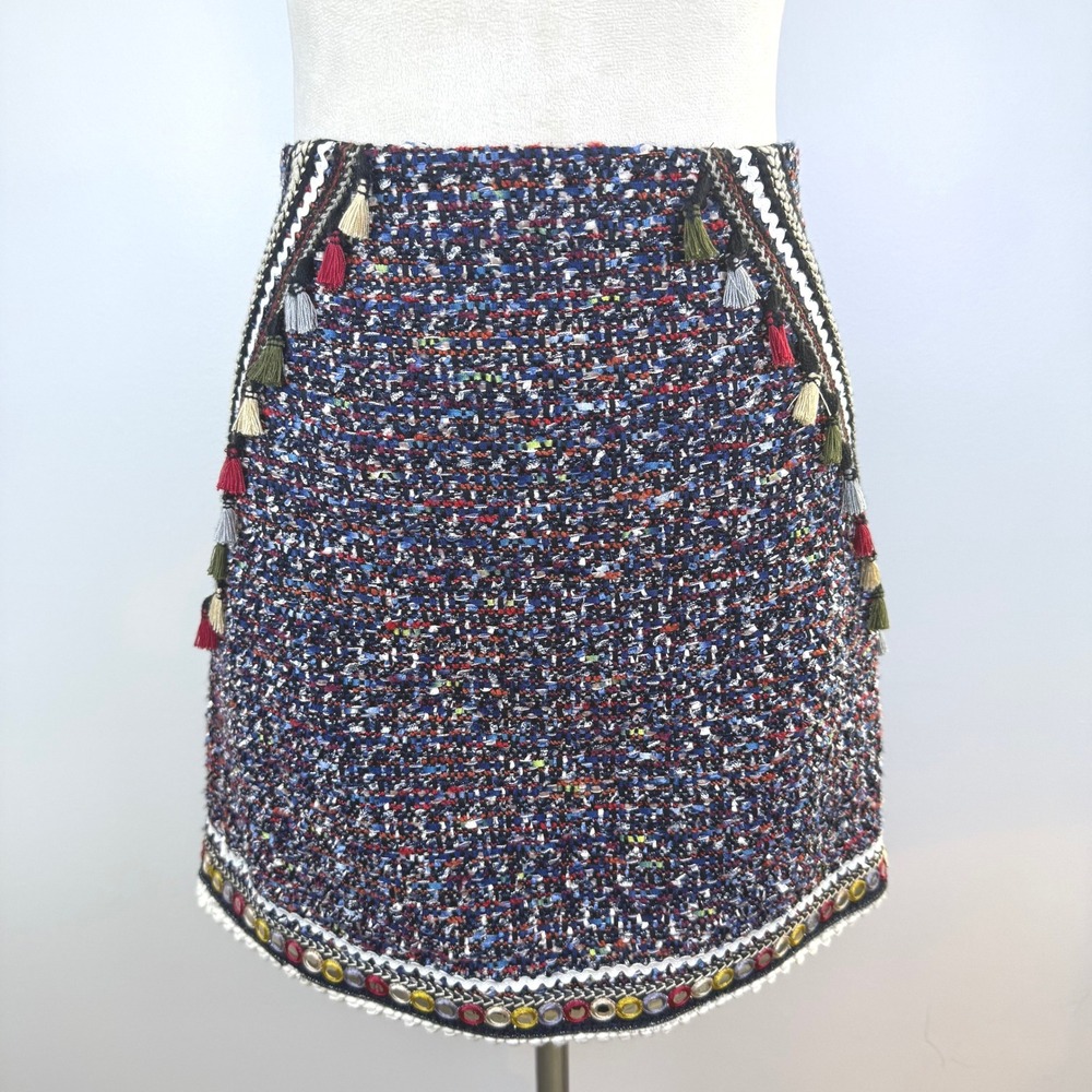Zara Woman Multi Color Tweed Tassel Mini Skirt Mirror Detail Boho Detailed‎ Sz S